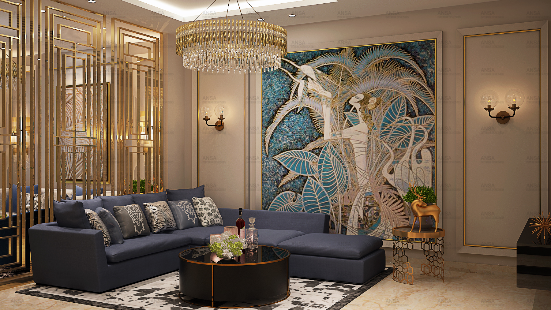The blue and gold drawing room design that alaknanda.