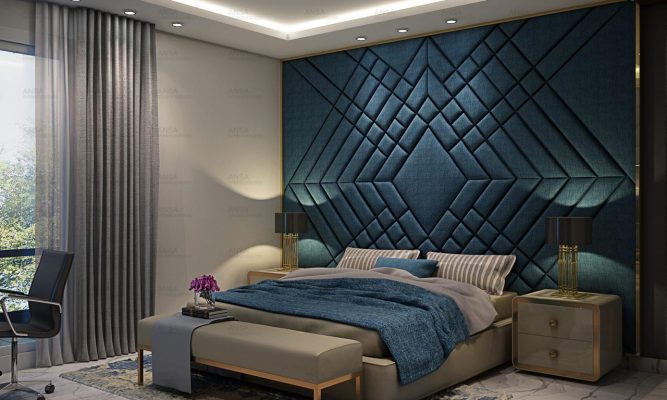 bedroom design with the blue statement wall